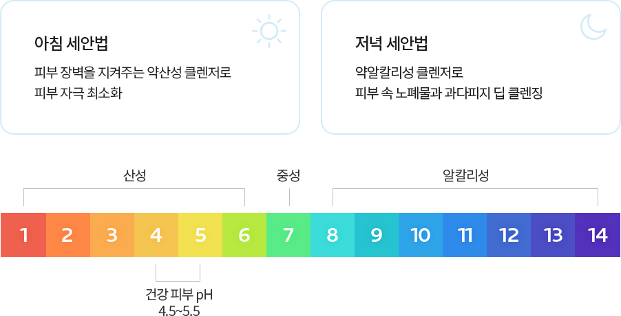 아침세안법 피부장벽을 지켜주는 약산성 클렌저로 피부자극 최소화, 저녁 세안법 약알칼리성 클렌저로 피부 속 노폐물 과다피지 딥 클렌징