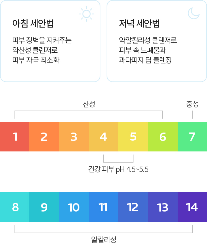 아침세안법 피부 장벽을 지켜주는 약산성 클렌저로 피부 자극 최소화, 저녁 세안법 약알칼리성 클렌저로 피부 속 노폐물과 과다피지 딥 클렌징